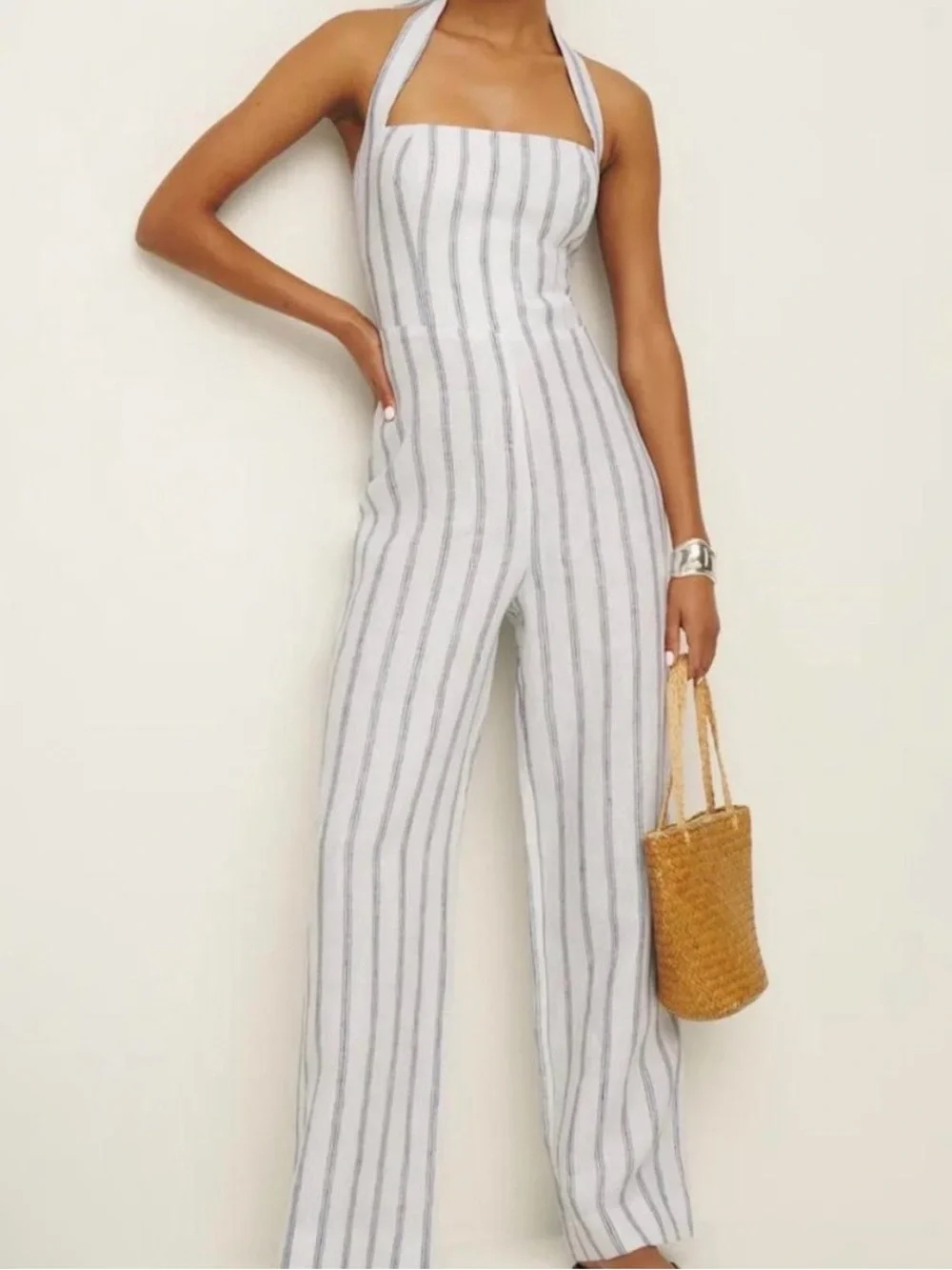 Reformation Malika Linen Jumpsuit Harbor Stripe 10 Sleeveless Halter Blue White